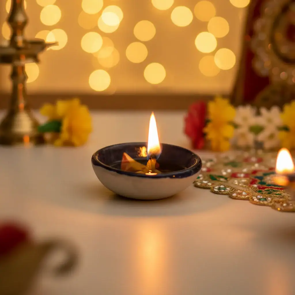 Round Blue Pottery Diya with Floral Accent | Hand-Painted Oil Lamp - Image 13