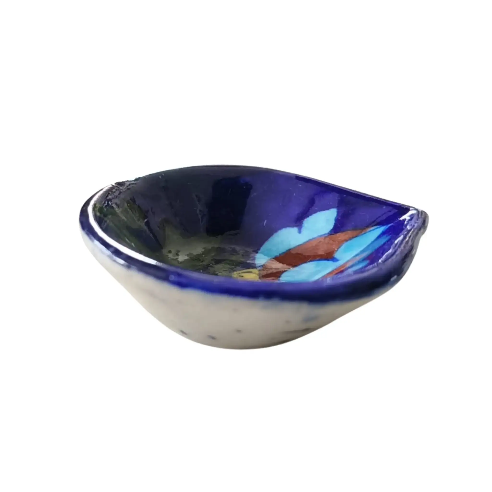 Leaf/Teardrop Shaped Blue Pottery Diya | Abstract Floral Oil Lamp - Image 3
