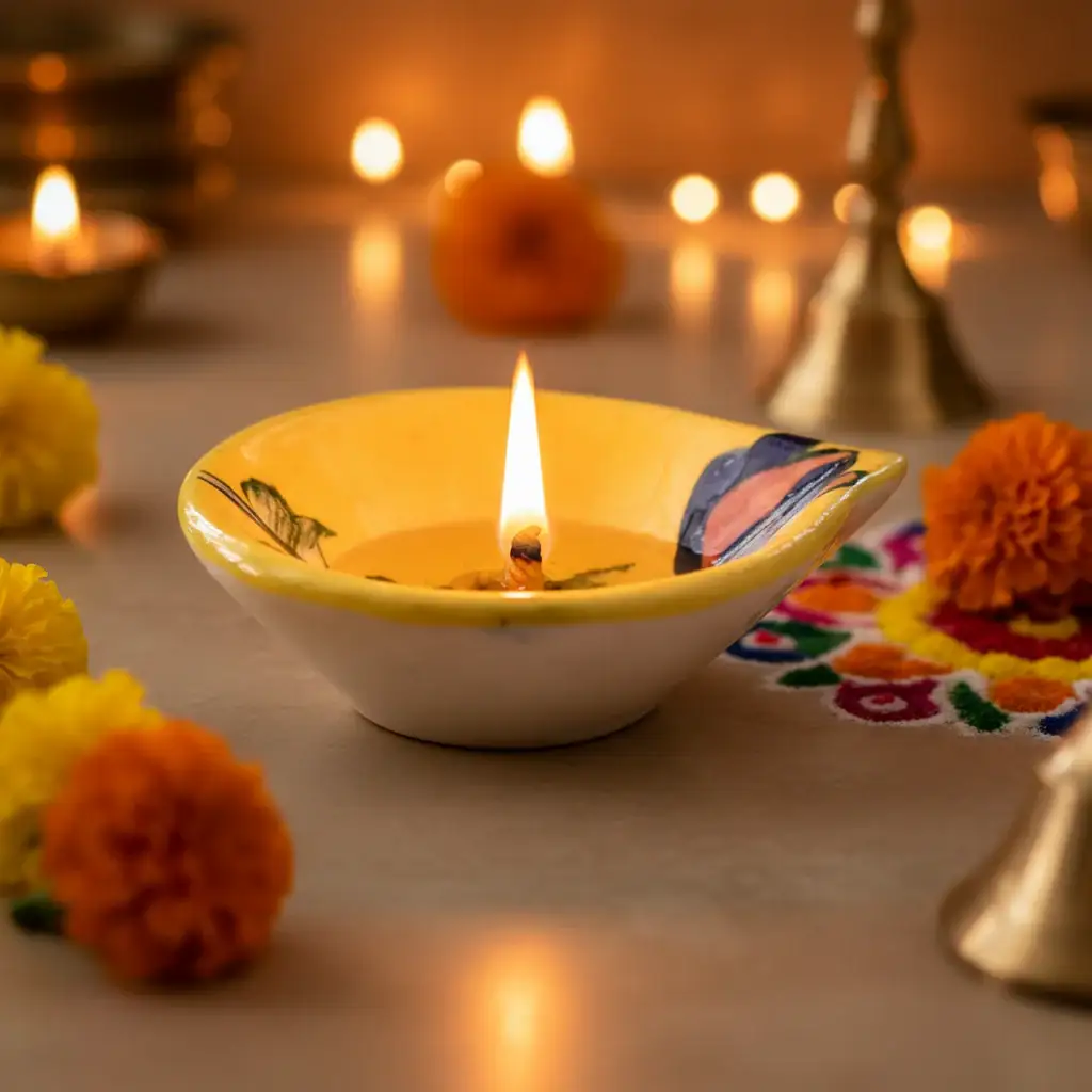 Hand-Painted Traditional Blue Pottery Diya | Oil Lamp For Pooja Room - Image 5