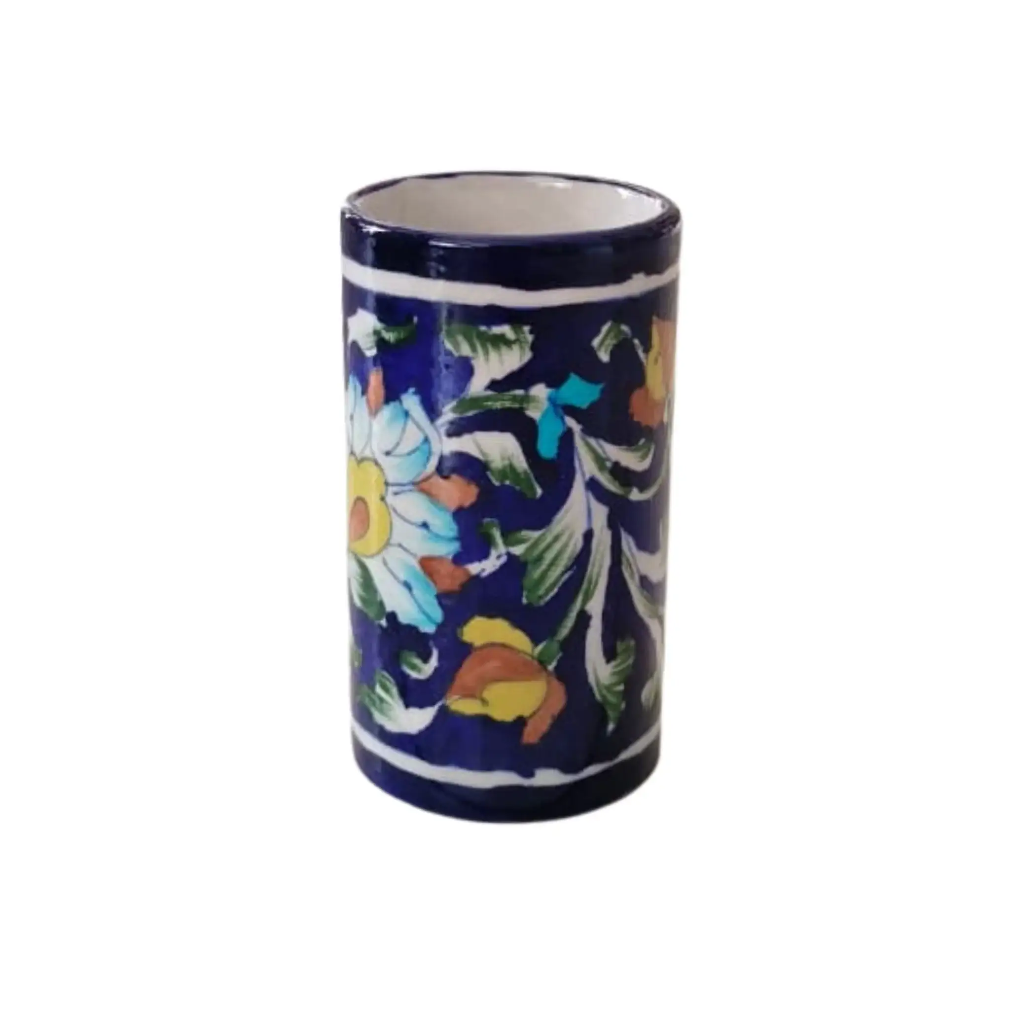 Artisanal Blue Pottery Pen Holder | Floral Desk Organizer - Image 3