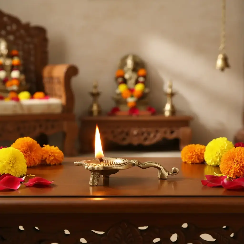 Traditional Brass Aarti Diya with Om Symbol and Handle