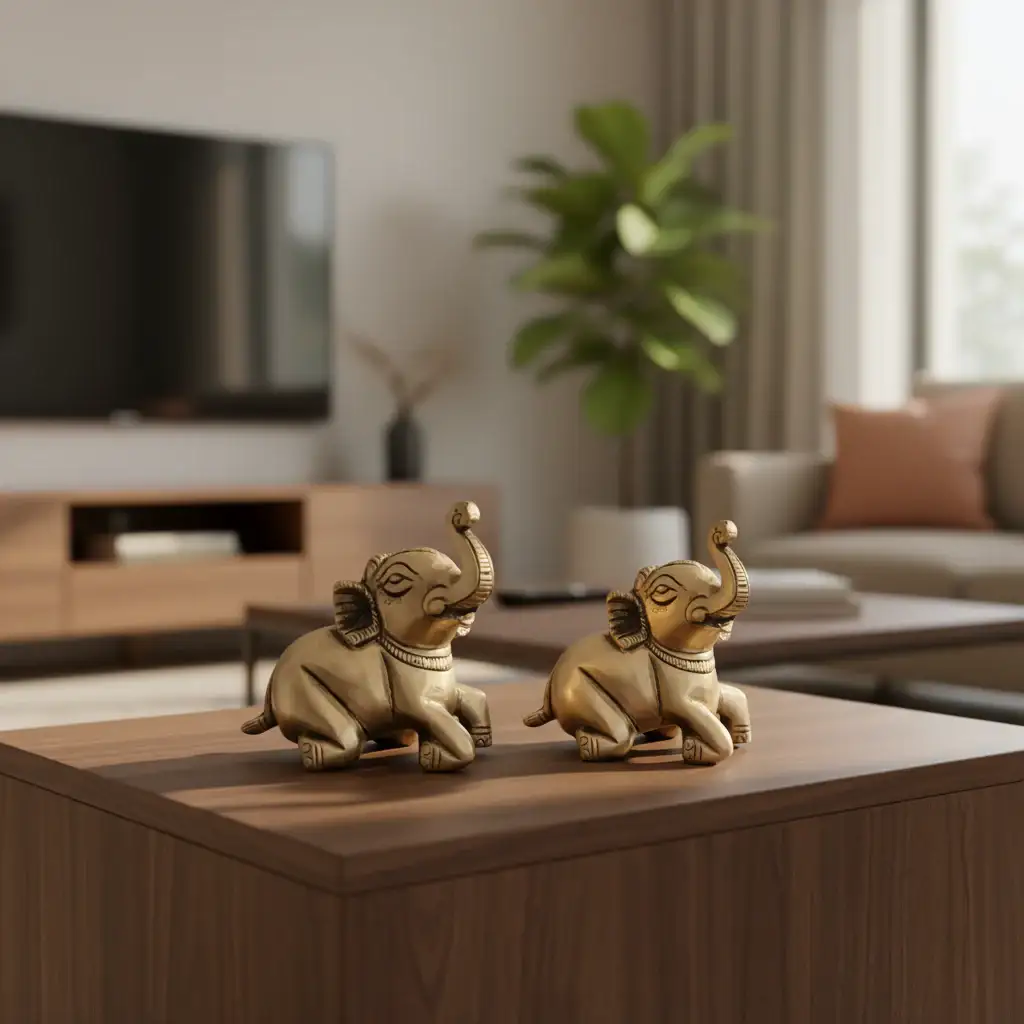 Pair of Handcrafted Brass Elephant Figurines Trunk Up Lucky Elephant Decor - Image 2