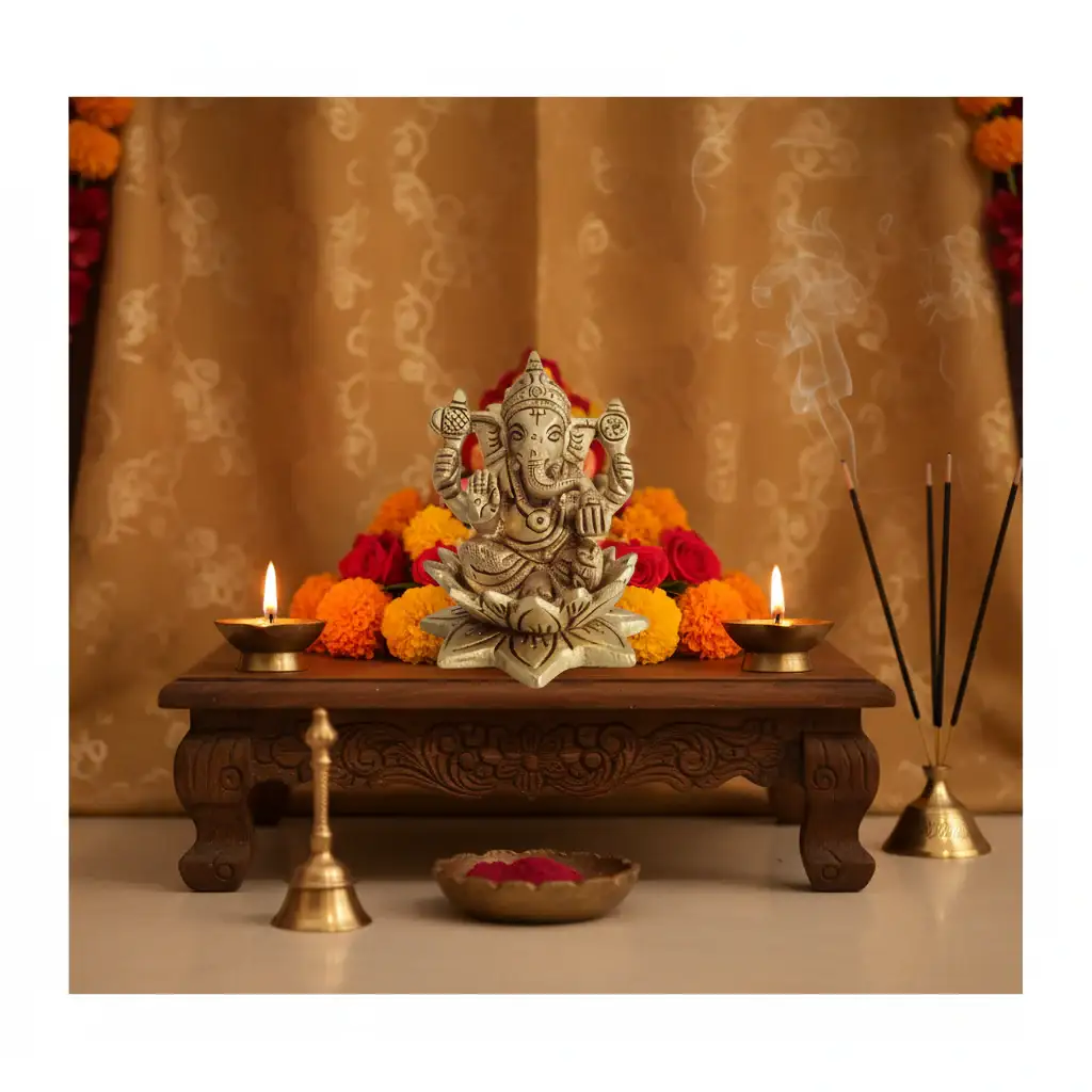 Golden Brass Ganesha Idol Seated on a Lotus - Image 2