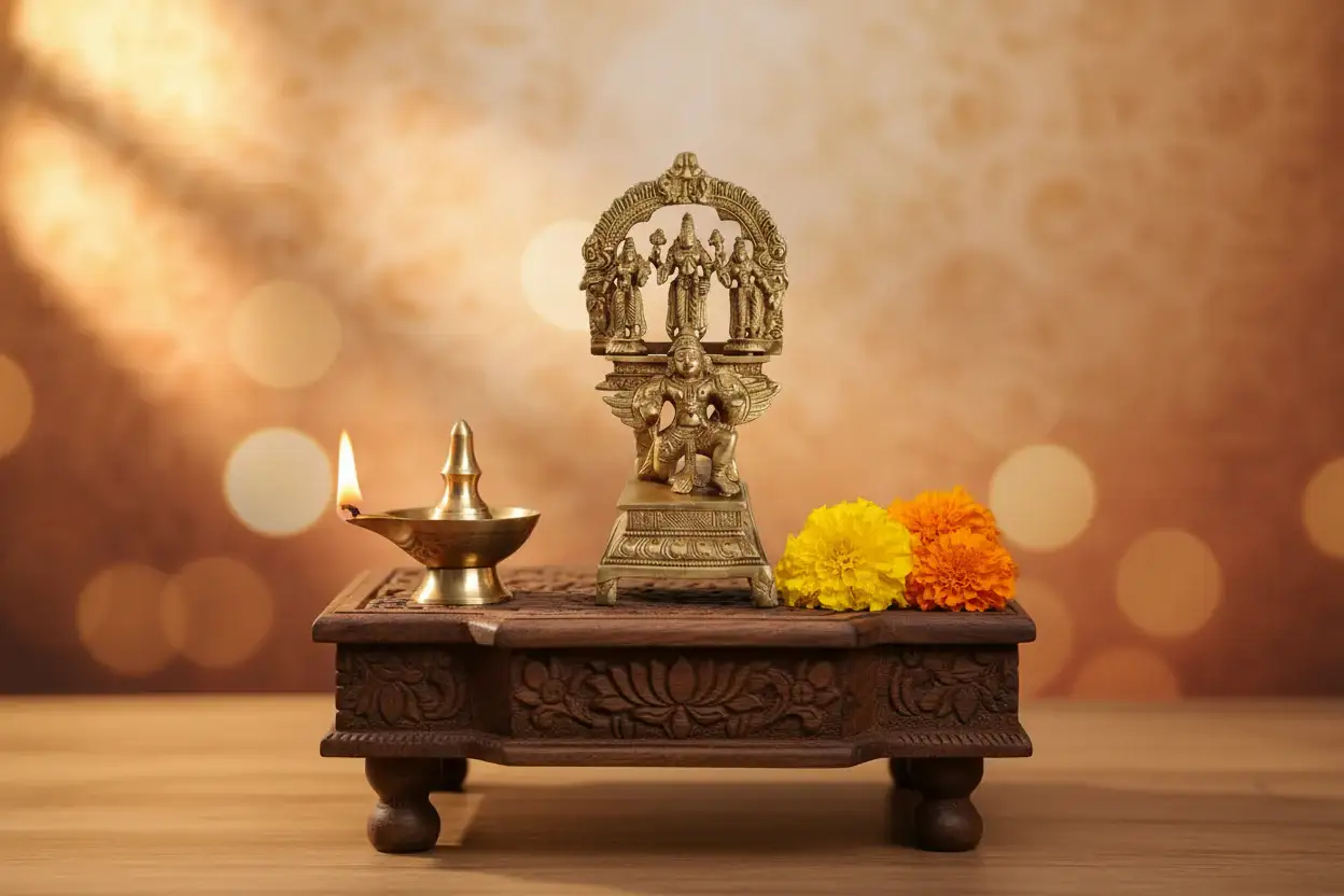 Brass Garuda Vishnu with Sridevi & Bhudevi Idol – Traditional Hindu Temple Sculpture - Image 2