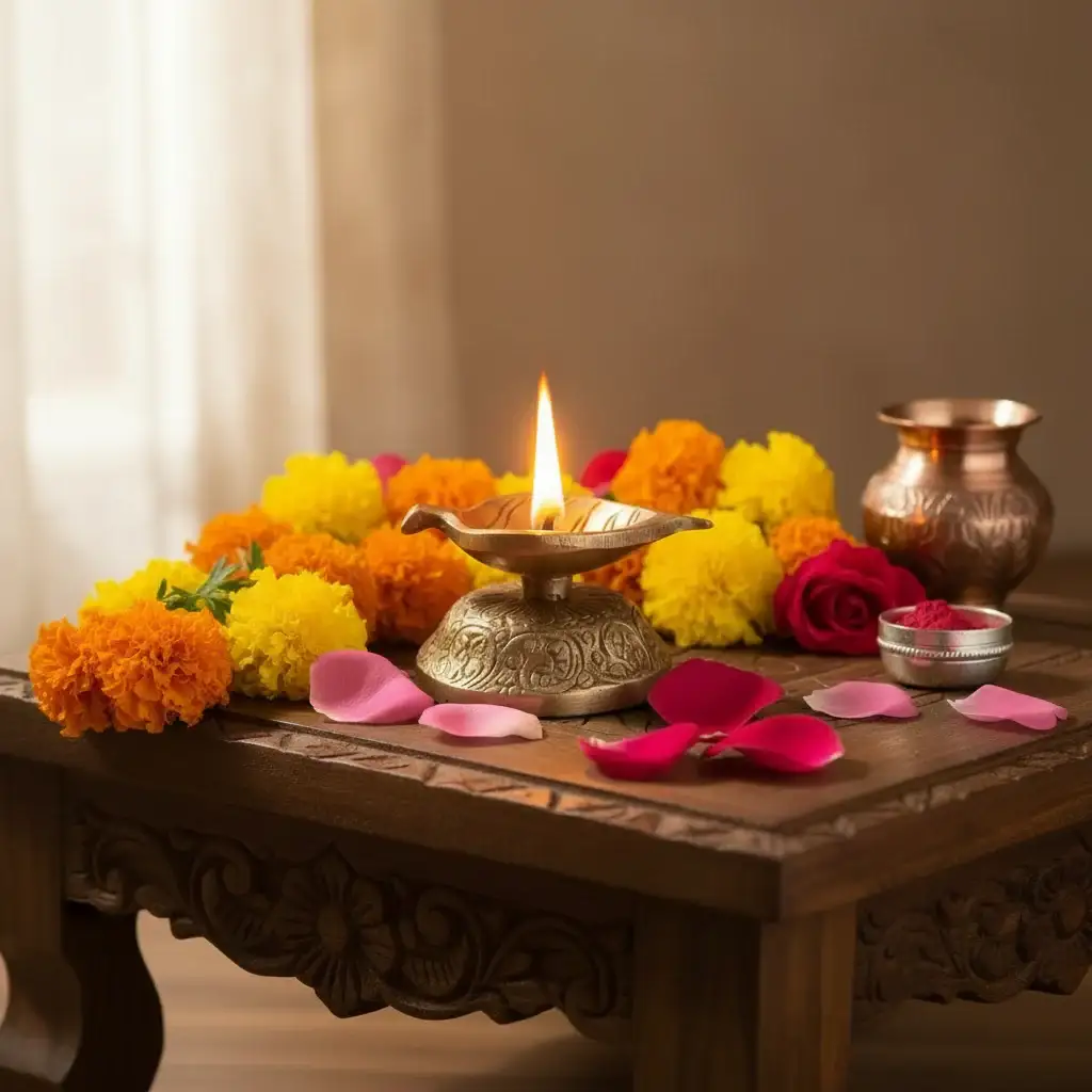 Elegant Brass Leaf-Shaped Diya with Carved Base