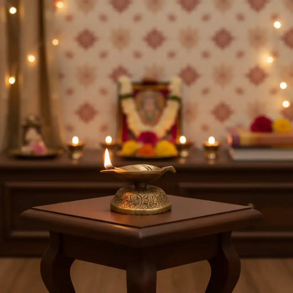 Elegant Brass Leaf-Shaped Diya with Carved Base - Image 2