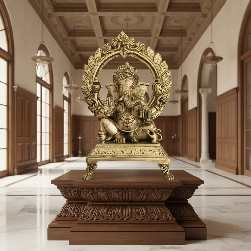 Brass Lord Ganesha Idol on Pedestal with Ornate Prabhavali Arch - Image 4