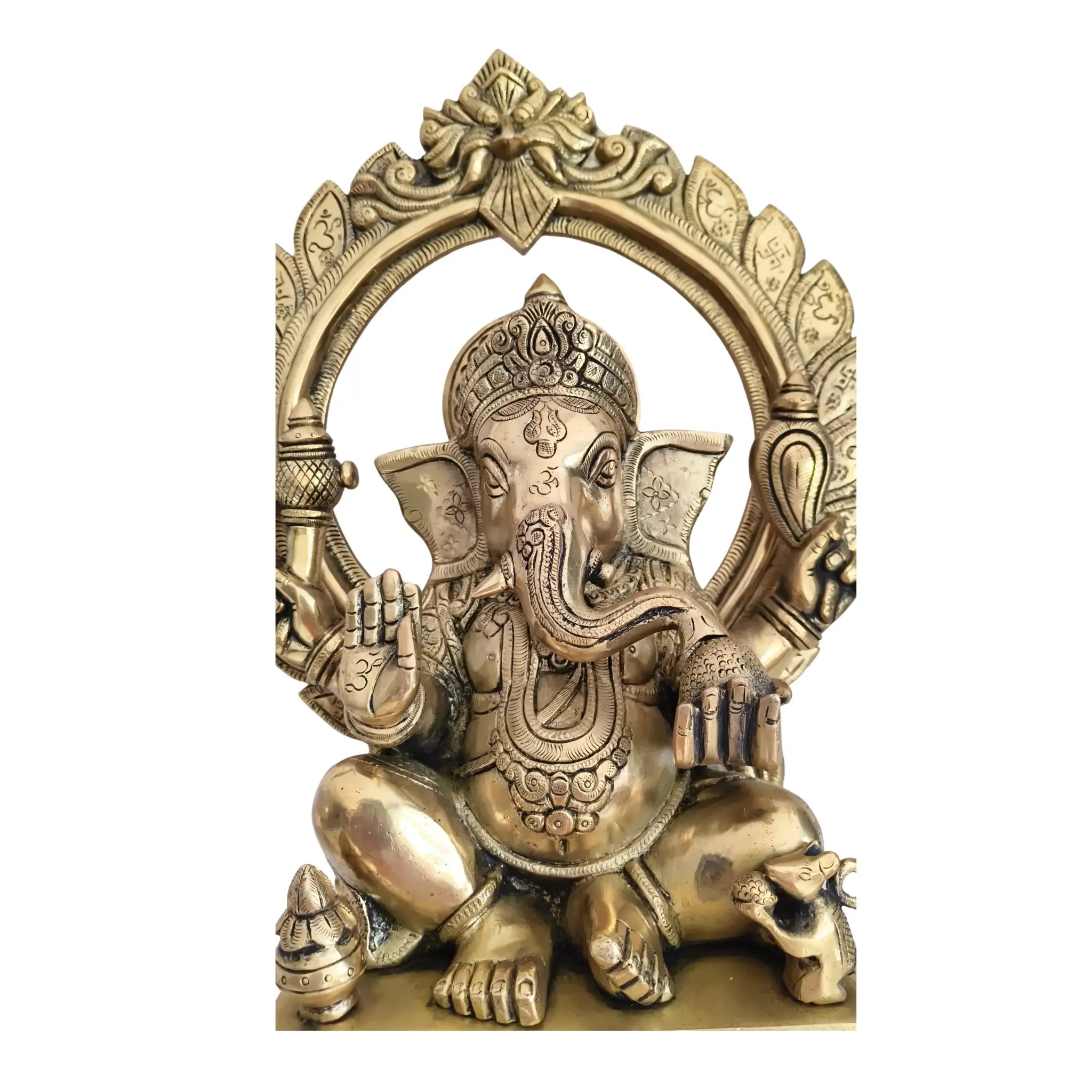 Brass Lord Ganesha Idol on Pedestal with Ornate Prabhavali Arch - Image 8