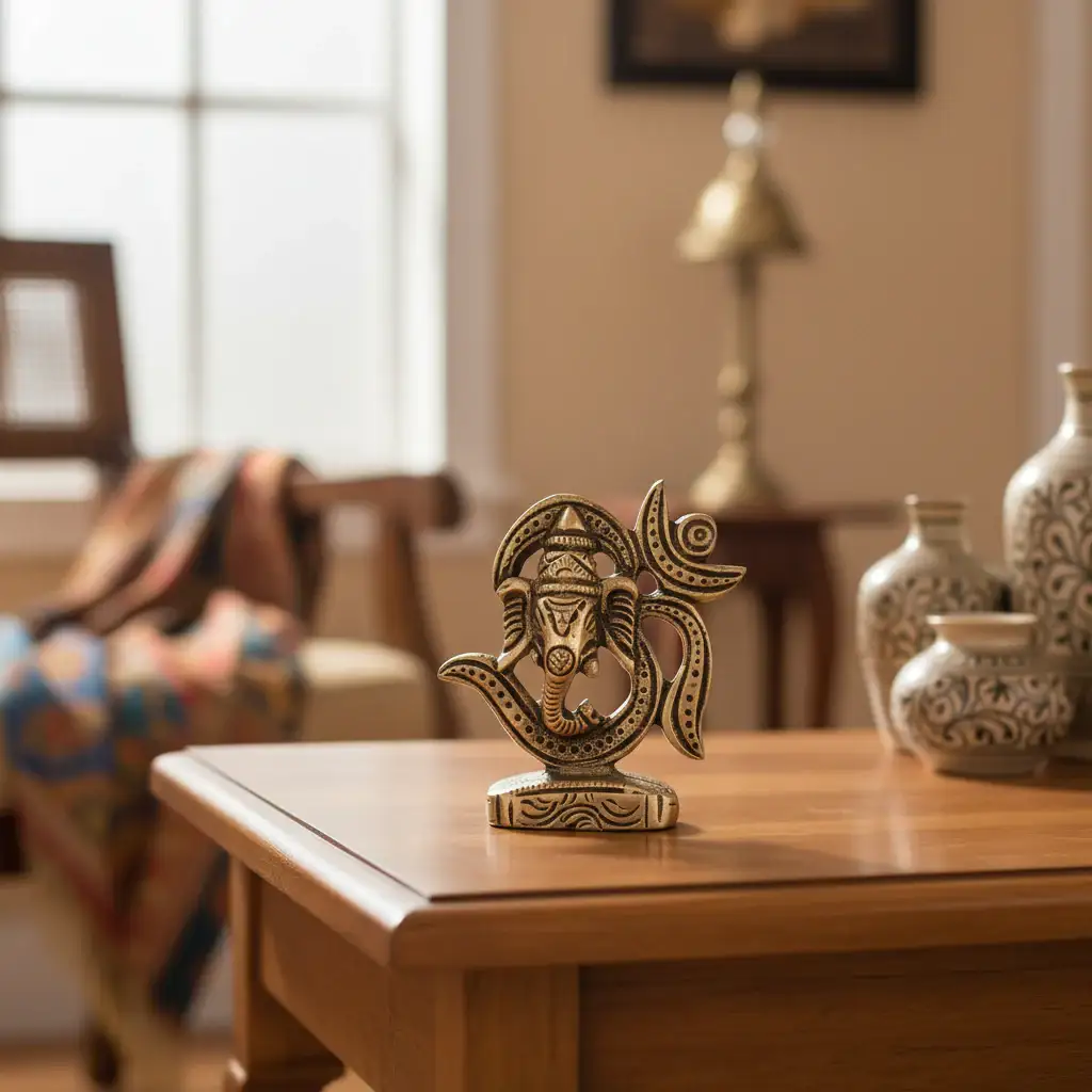 Golden Brass Lord Ganesha Idol within Om (Aum) Symbol Statue - Image 2