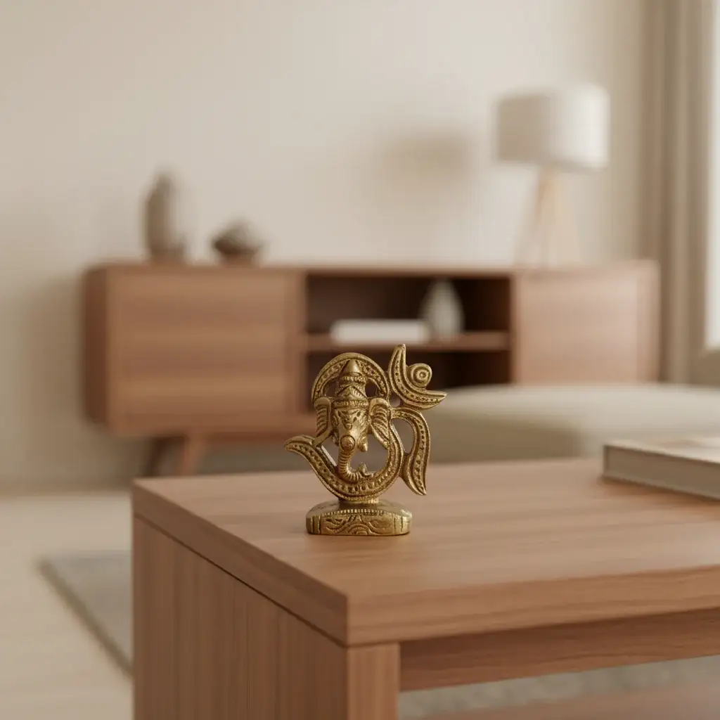 Golden Brass Lord Ganesha Idol within Om (Aum) Symbol Statue - Image 6