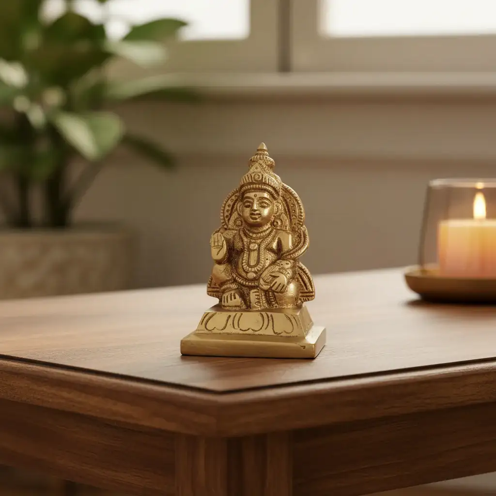 Seated Brass Lord Kuber Idol - Hindu God of Wealth Murti - Image 2