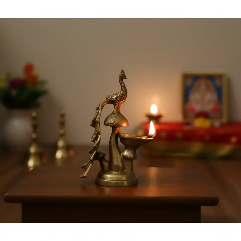 Elegant Brass Peacock Diya on a Pedestal - Image 2