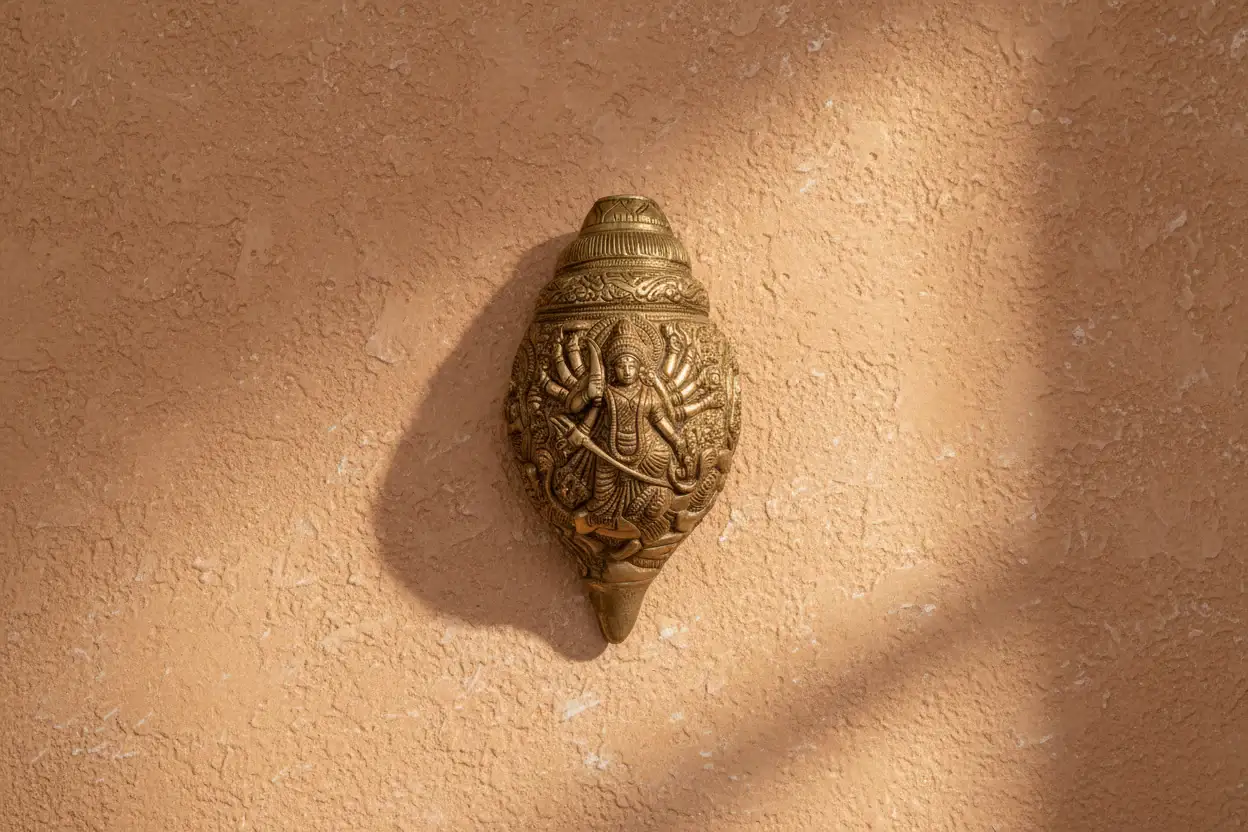 Sacred Brass Durga Mata Shankh Wall Decor – Divine Conch Art for Spiritual Interiors
