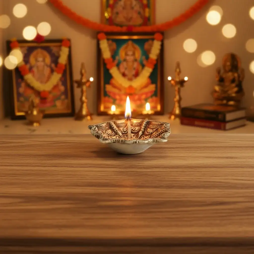 Brass Star/Floral Diya Bowl with Sacred Swastika Design - Image 2