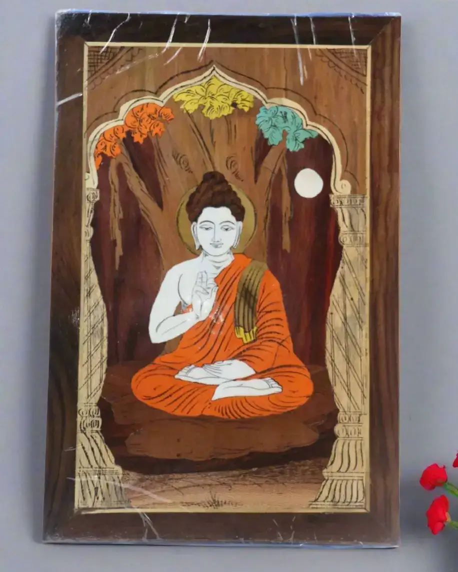 Divine Buddha Photo Frame in Rosewood Inlay – Ethnic Spiritual Wall Decor - Image 3