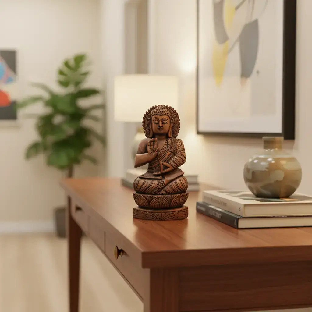 Hand-Carved Wooden Buddha Sitting In Lotus Decorative Background Panel - Image 7