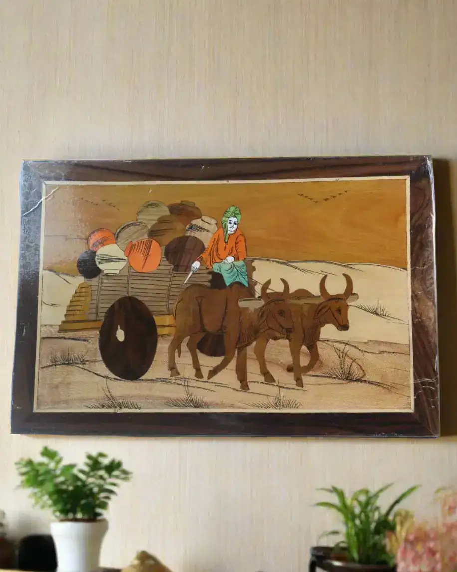 Cultural Bullock Cart Wood Inlay – Unique Handcrafted Frame - Image 2