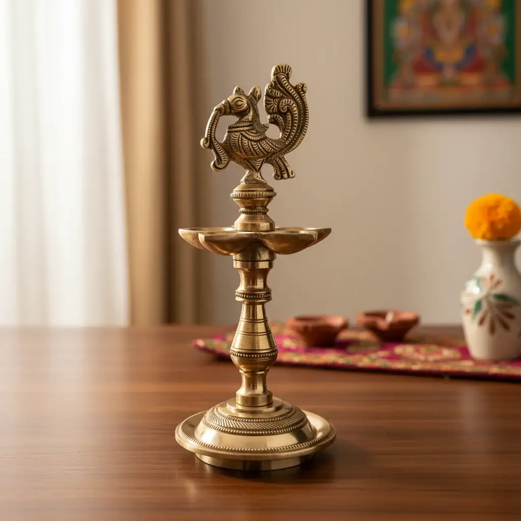 Deepak/Diya Lamp with Peacock (Mayur) Finial, A Symbol of Light and Prosperity - Image 2