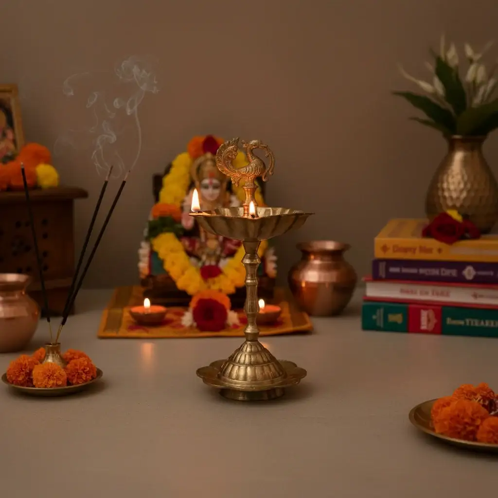 Elegant Traditional Brass Diya Stands (Kuthu Vilakku) with Peacock Finials