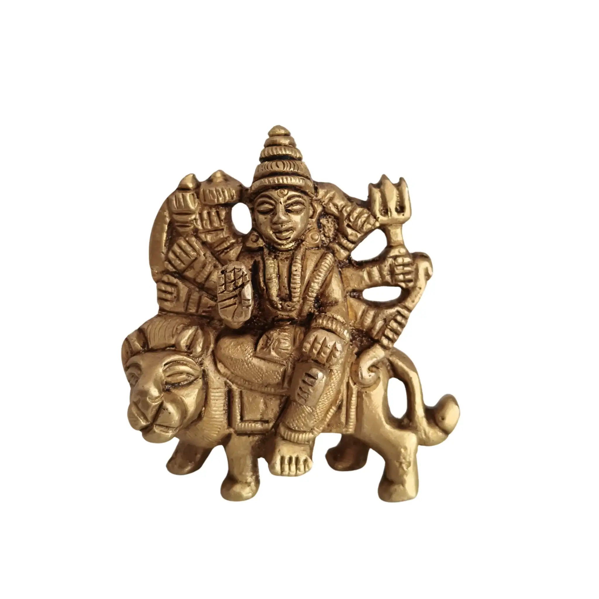Brass Goddess Durga Idol Riding Her Lion Vahana - Image 3