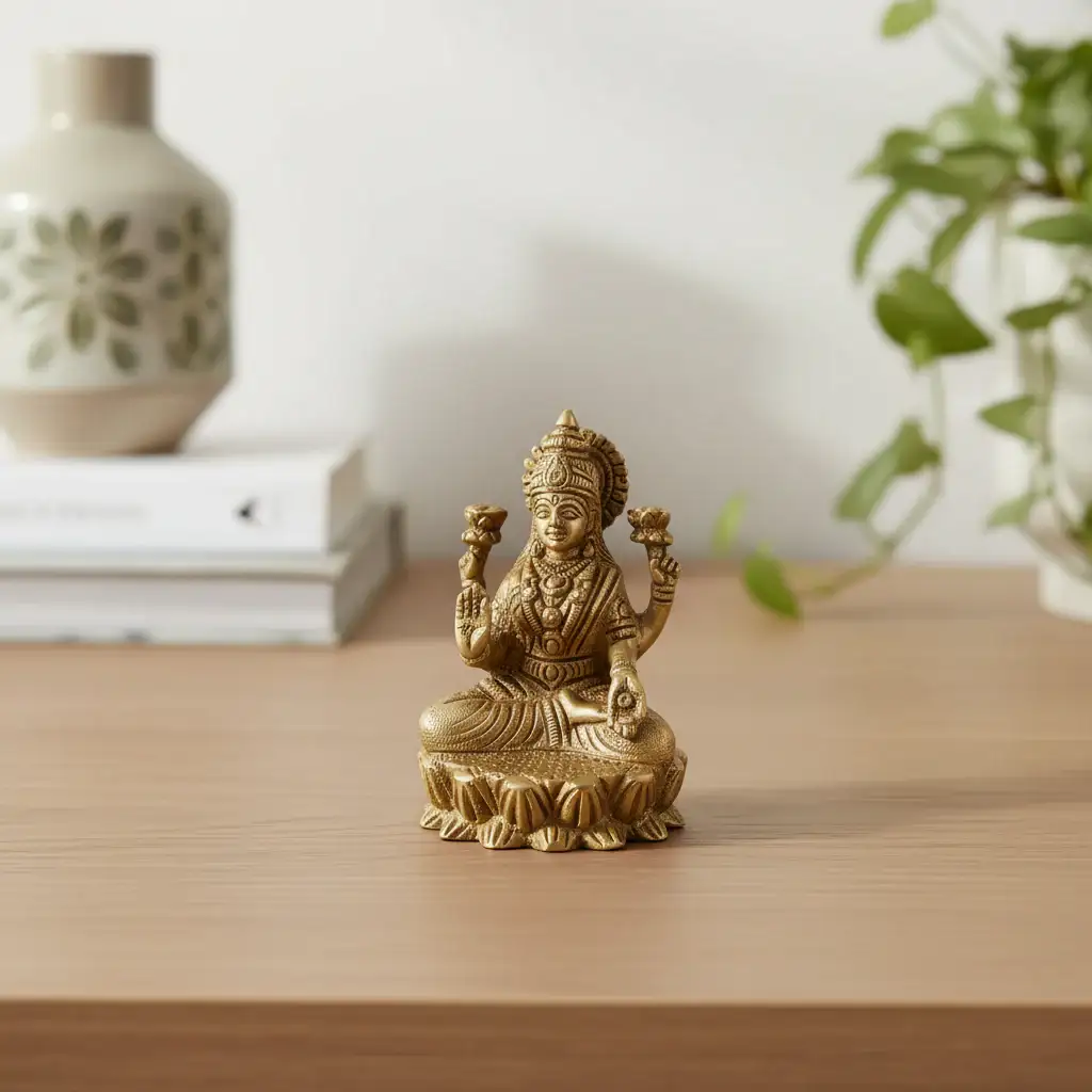 Brass Goddess Lakshmi Idol Seated on Lotus - Four-Armed Deity
