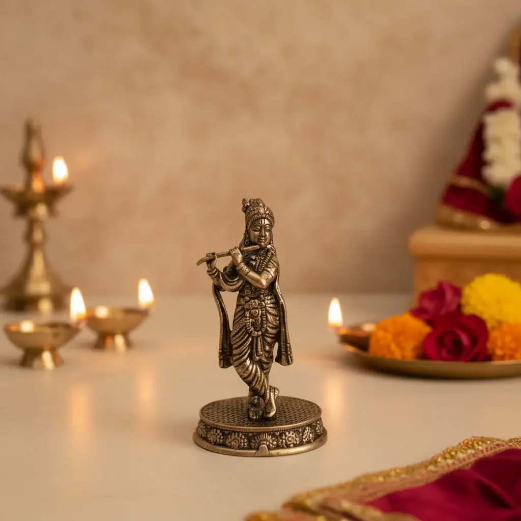 Brass Idol of Lord Krishna with Flute ( Murali ) on Detailed Pedestal