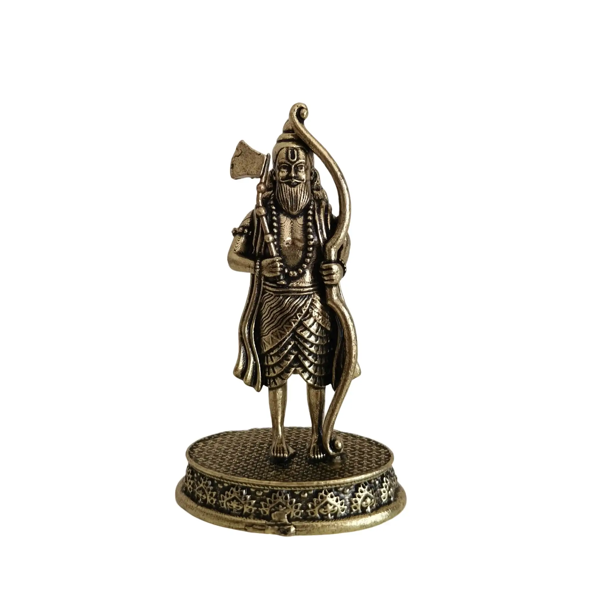 Brass Lord Parashurama With Axe And Bow on Intricate Pedestal Idol - Image 3