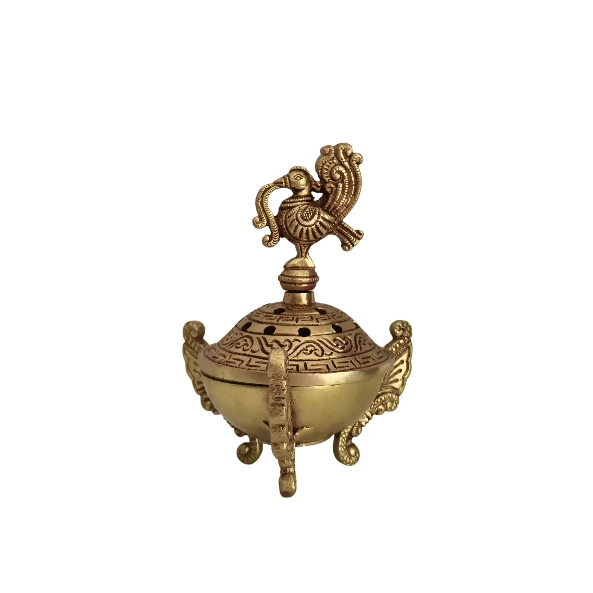 Ornate Handcrafted Brass Peacock Dhoop Dani / Incense Burner with Antique Finish - Image 3
