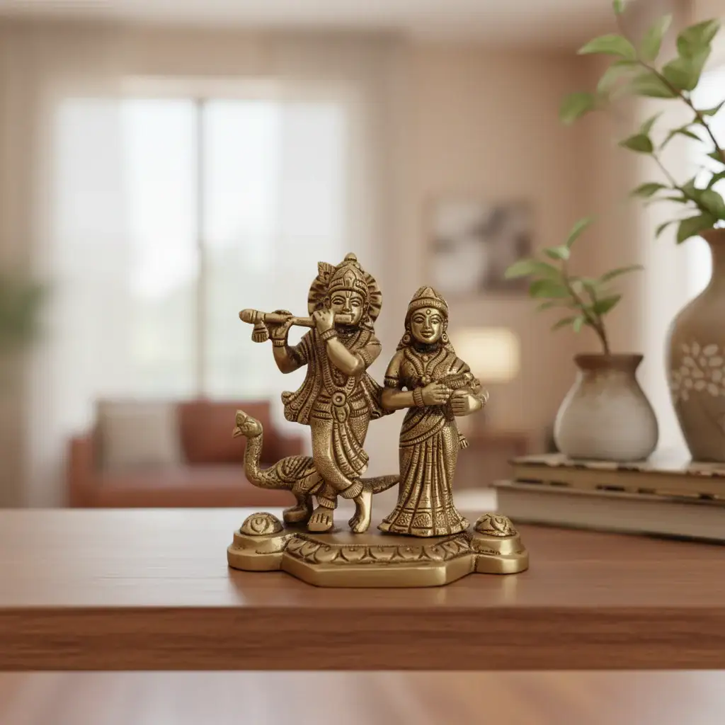 Brass Radha Krishna Idol with Flute and Peacock – Symbol of Eternal Love and Devotion - Image 2