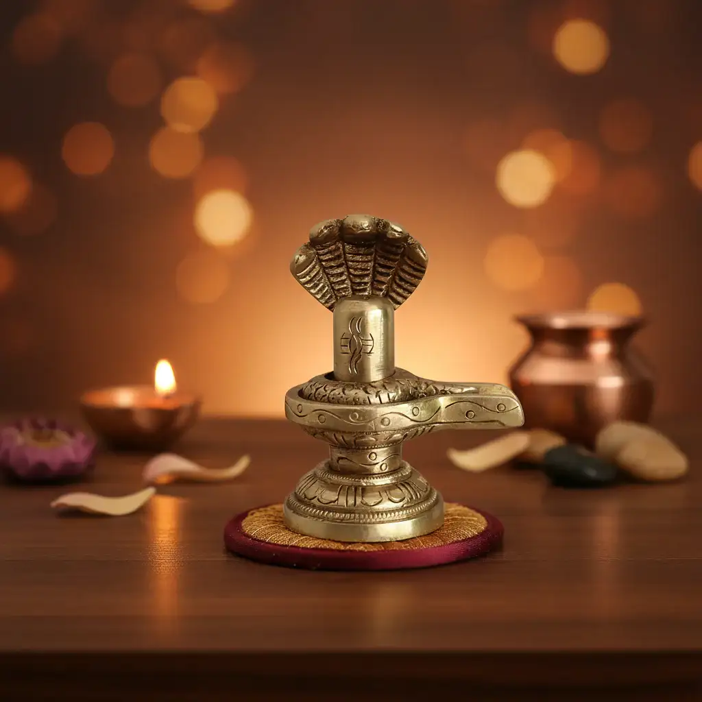 Sacred Brass Shiva Lingam and Yoni Pitha Adorned with Multi-Hooded Naga - Image 2