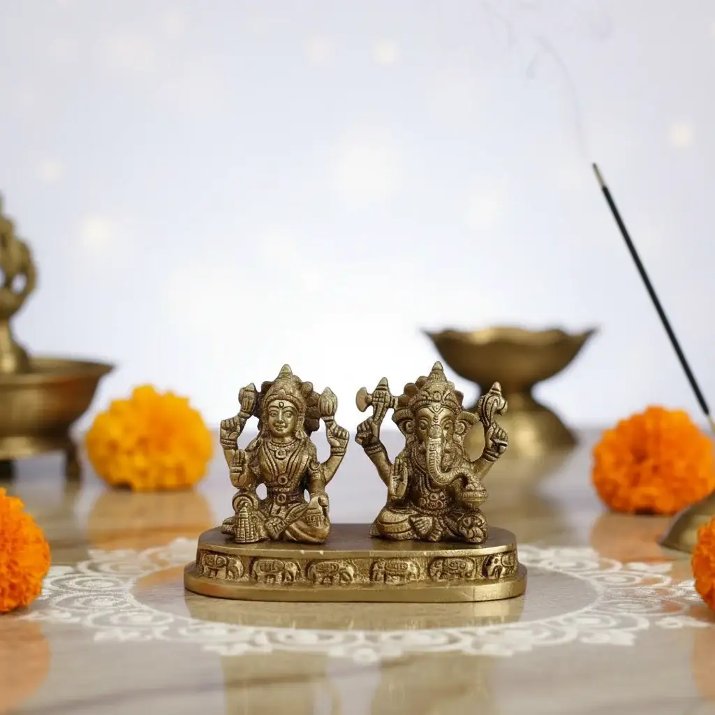 Divine Prosperity – Lakshmi Devi and Ganesha Brass Idol - Image 2