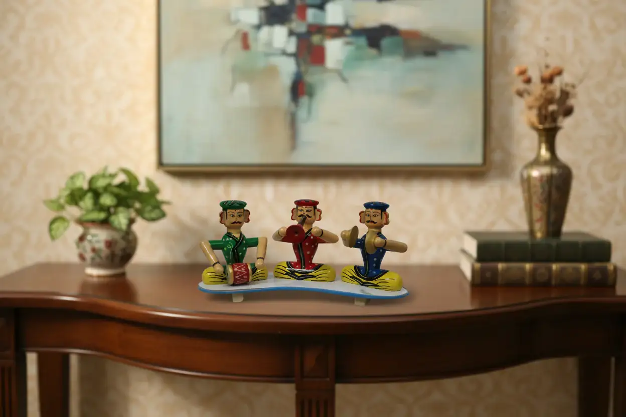 Traditional Channapatna Music Band – Set of 3 Colorful Wooden Men Figurines - Image 2