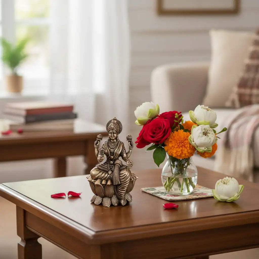 Classic Four-Armed Brass Lakshmi Idol Seated on Lotus - Symbol of Prosperity - Image 2
