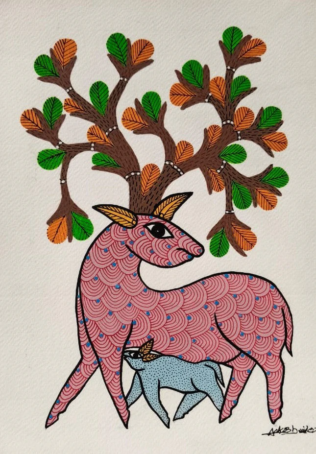 Colorful Deer in Nature – Gond Painting