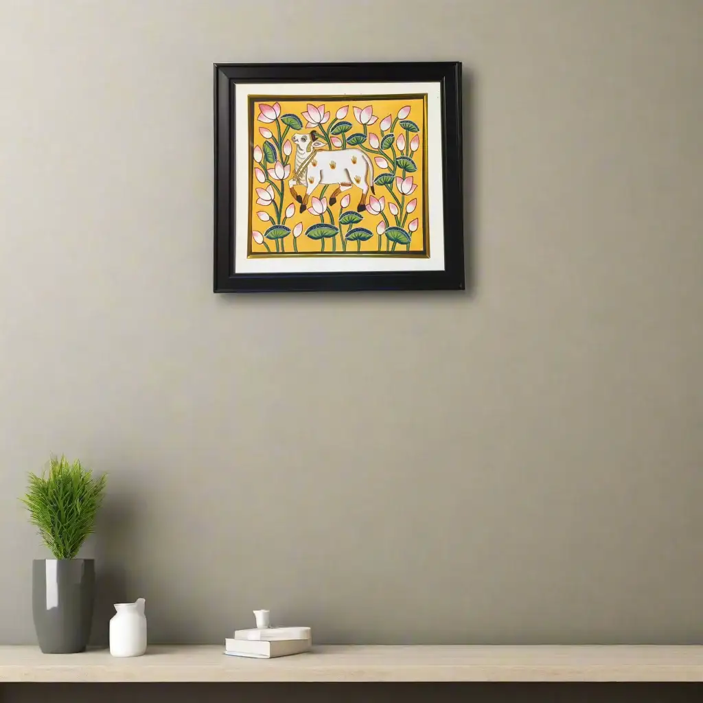 Sacred Cow in a Lotus Garden Pichwai Art