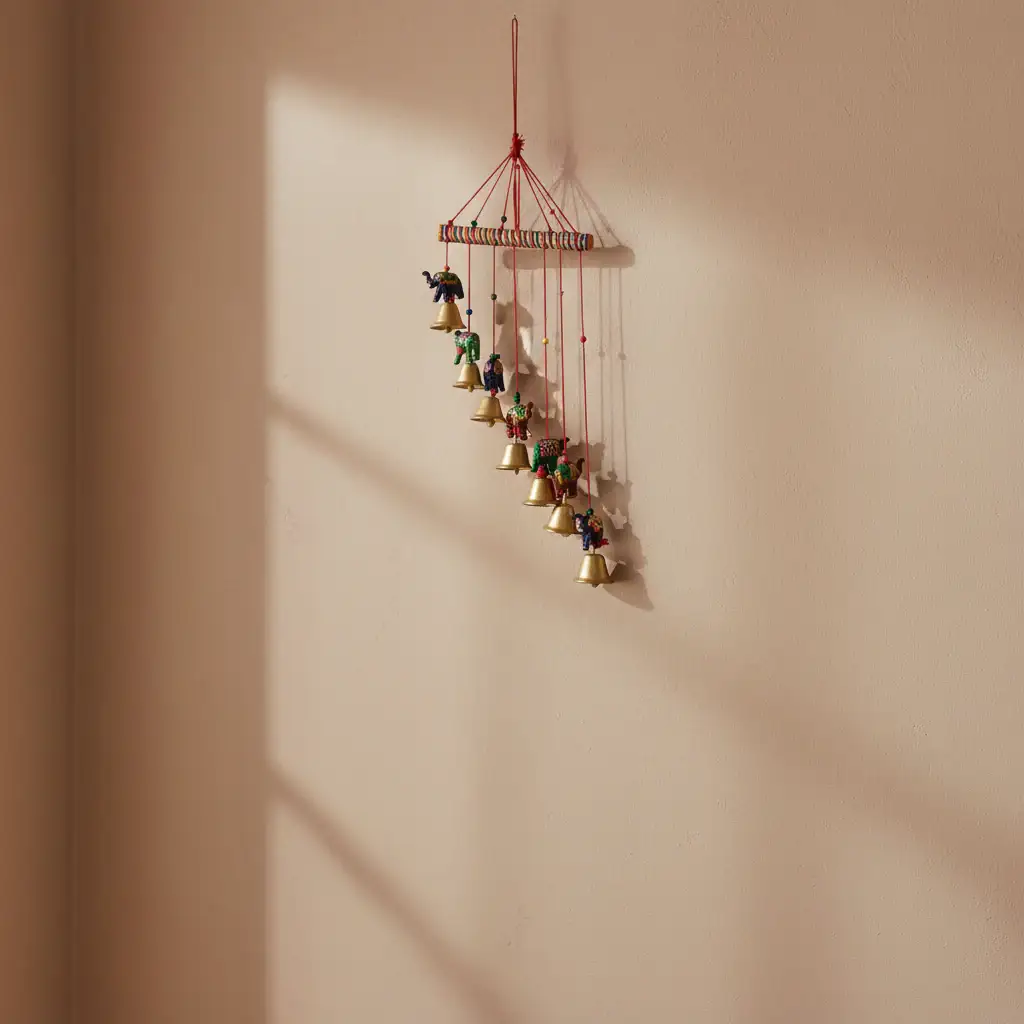 Hand-Painted Elephant and Golden Bell Wind Chime / Wall Hanging