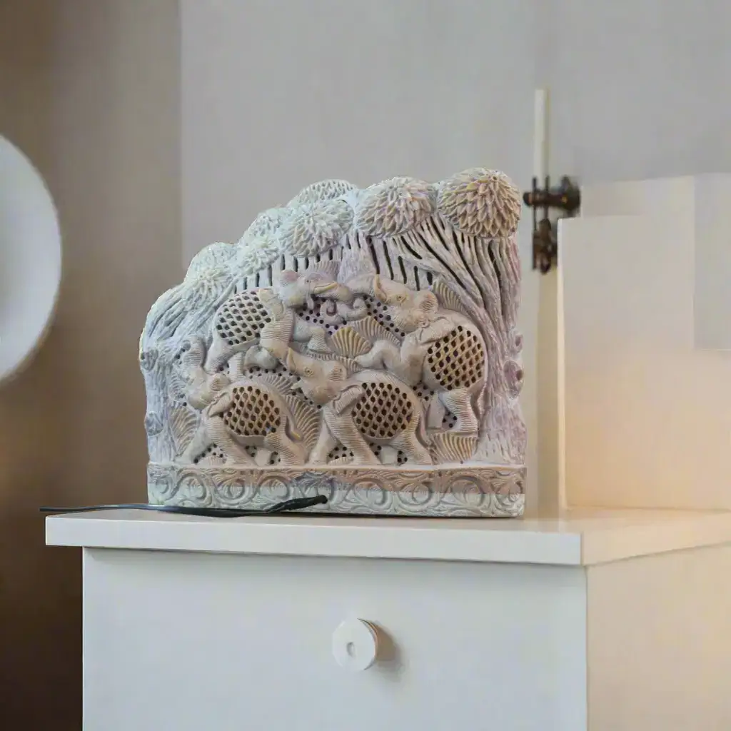 Elephant Under Tree Bedside Lamp – Traditional Jali Carving Artwork - Image 3