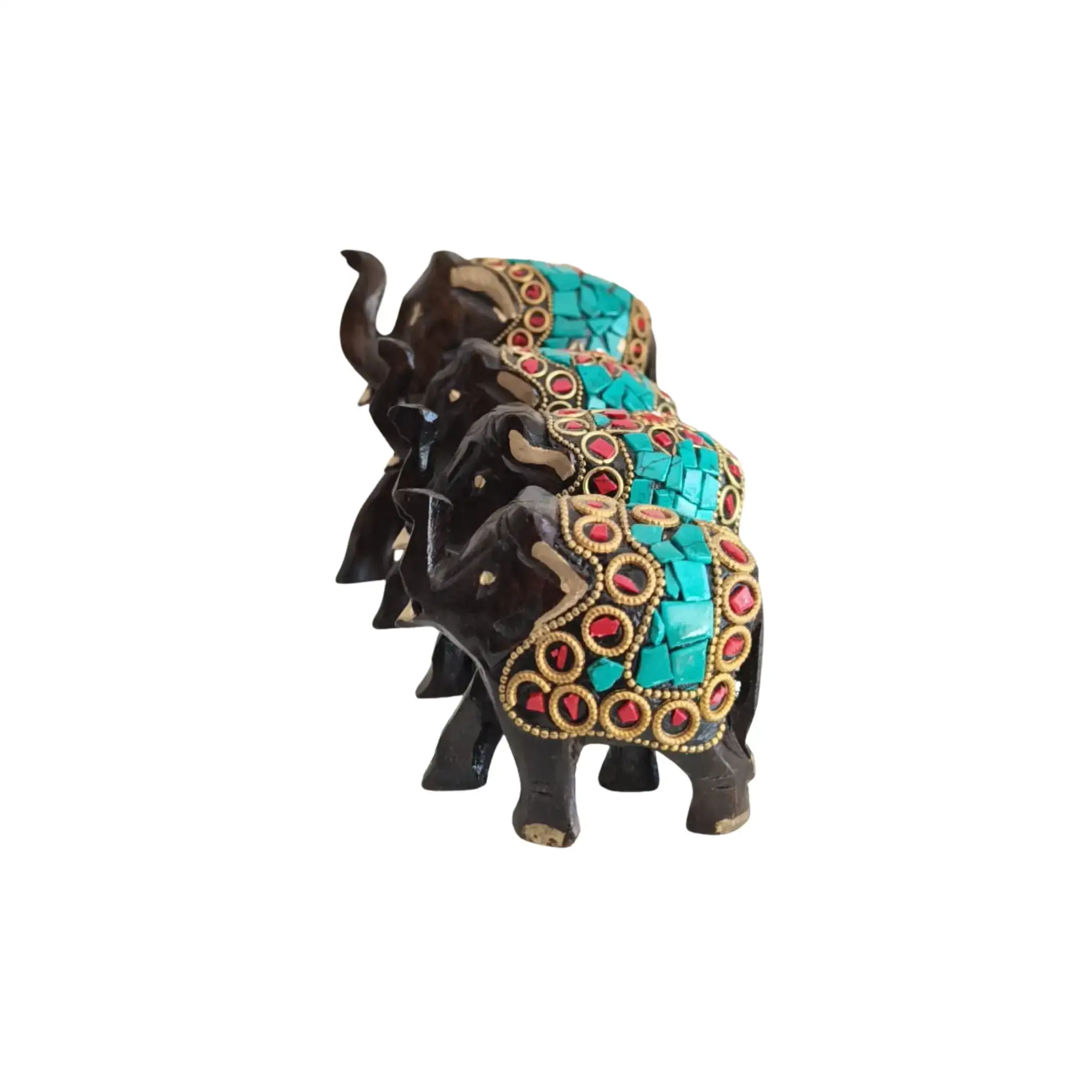 Wooden Hand Painted Elephant With Blue Stone - Image 3