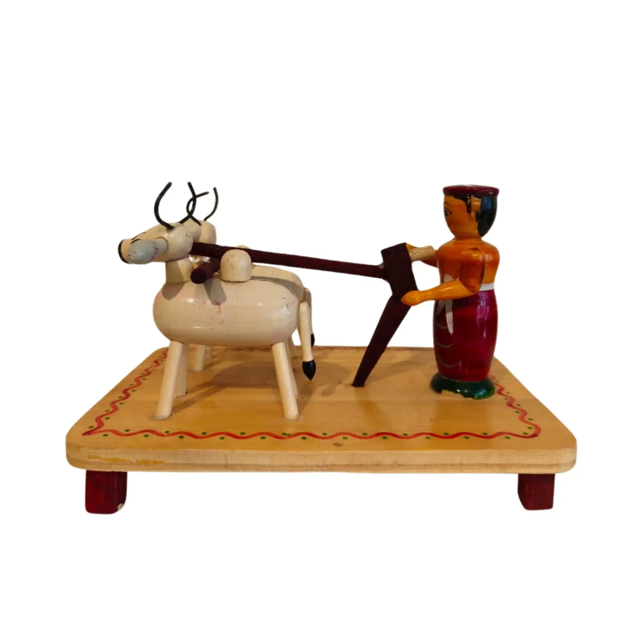 Etikoppaka Lacquer Wood Diorama - Traditional Farmer and Bull Ploughing Scene - Image 3