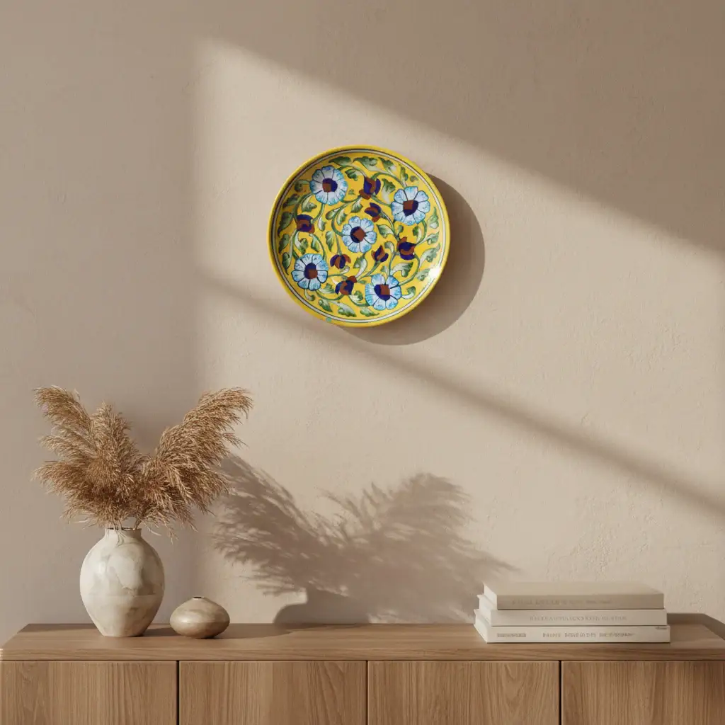 Artisan Blue Pottery Floral Quartz Wall Plate | Yellow Quartz Decor