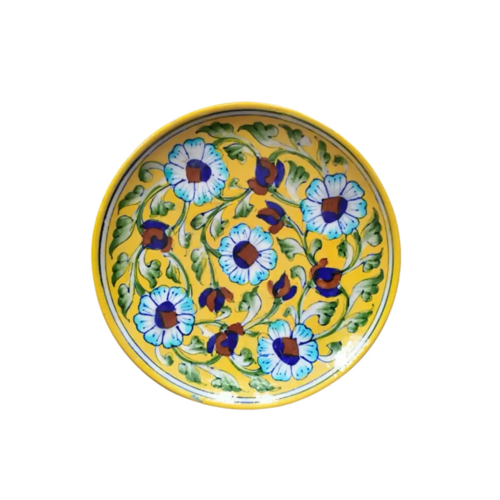 Artisan Blue Pottery Floral Quartz Wall Plate | Yellow Quartz Decor - Image 2