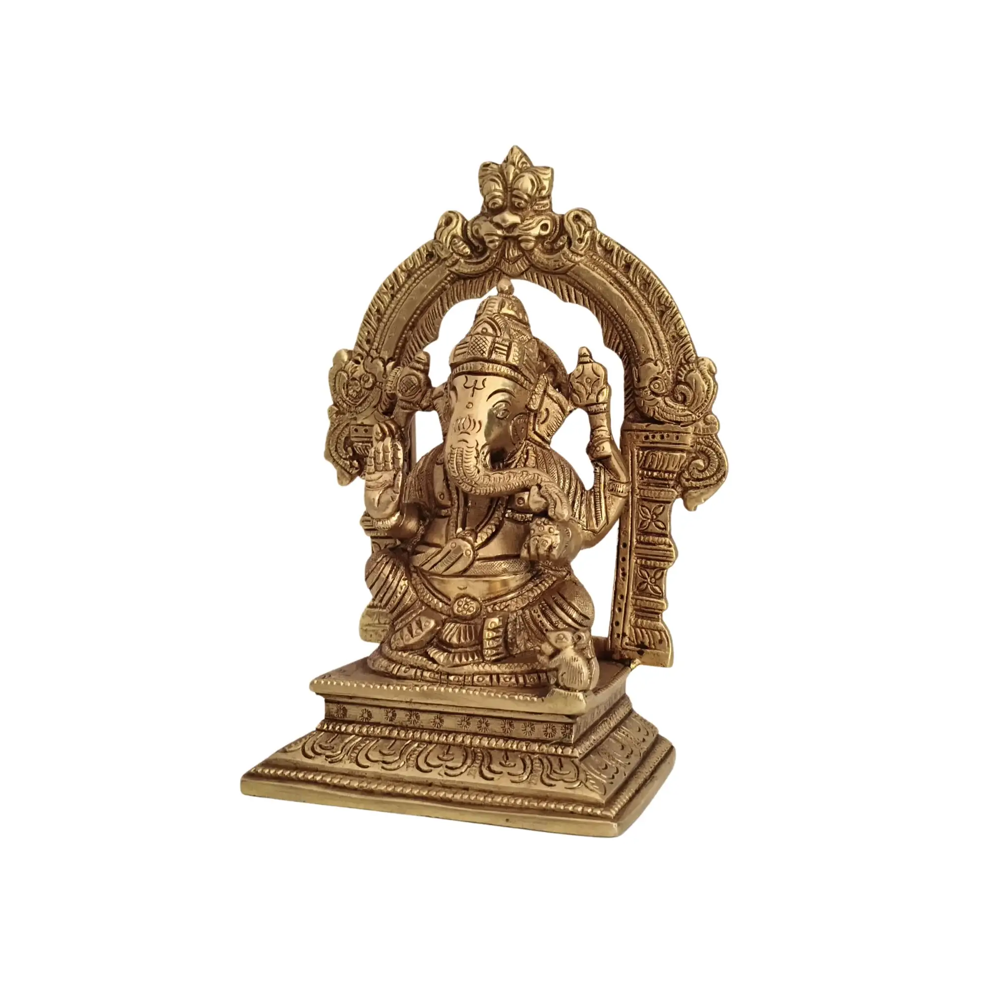 Brass Lord Ganesha Idol with Prabhavali Arch and Elaborate Pedestal - Image 4