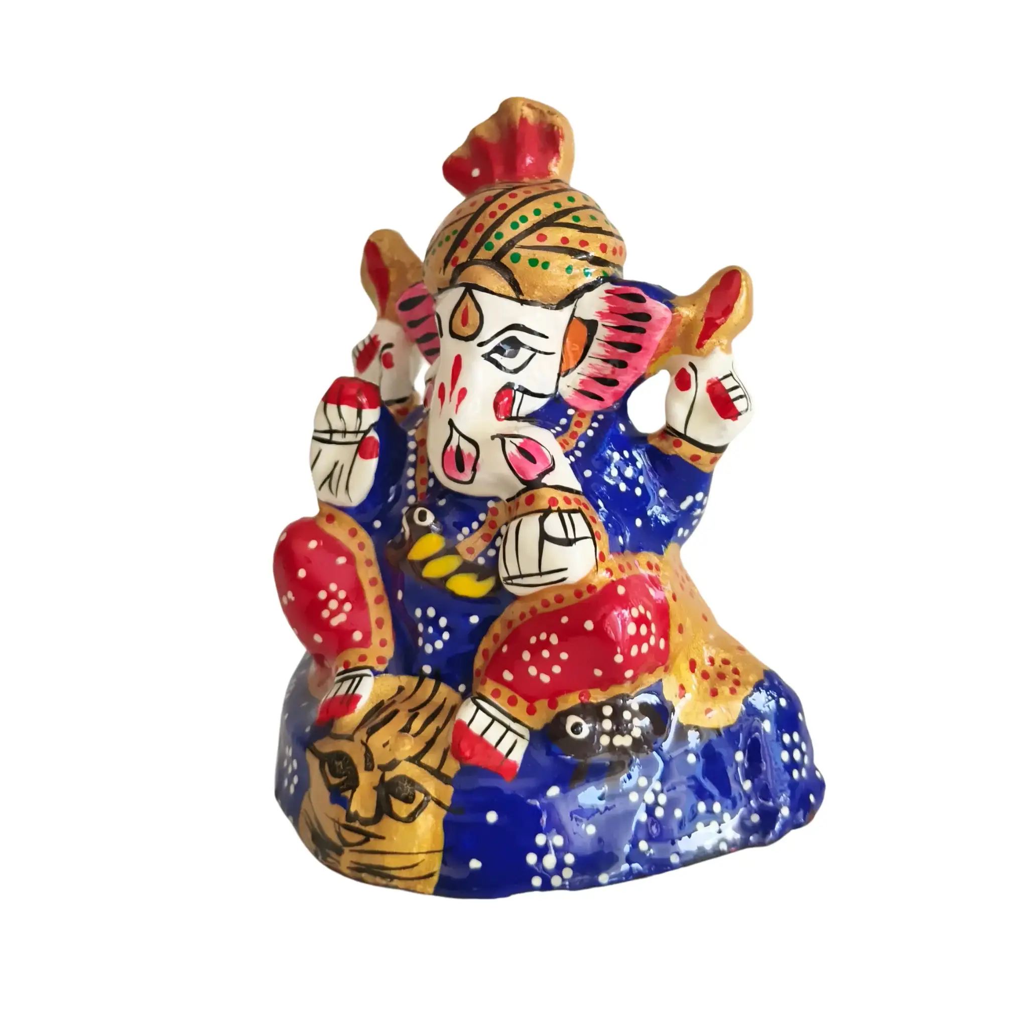 Intricately Painted Royal Blue and Red Lord Ganesha Idol with Turban - Image 3
