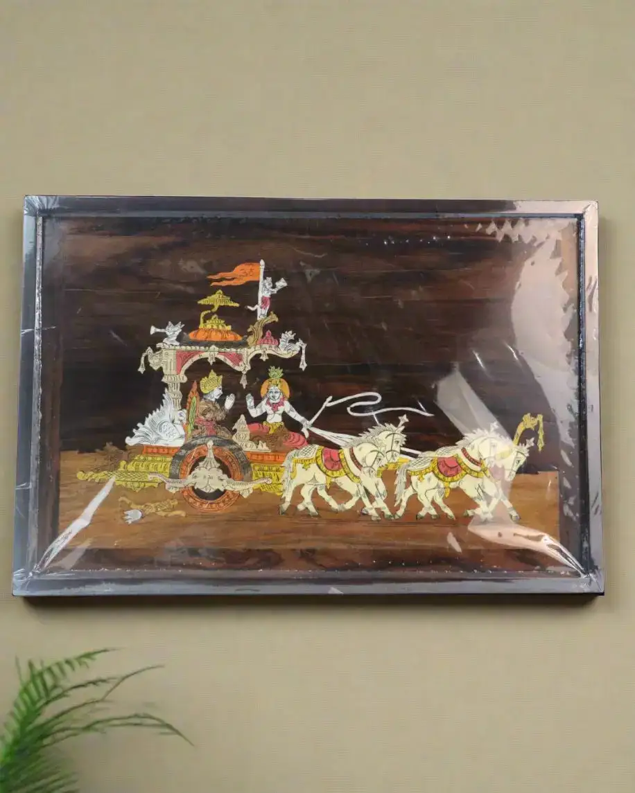 Gita Upadesh Inlay Art – Krishna and Arjuna Scene in Rosewood Frame - Image 3