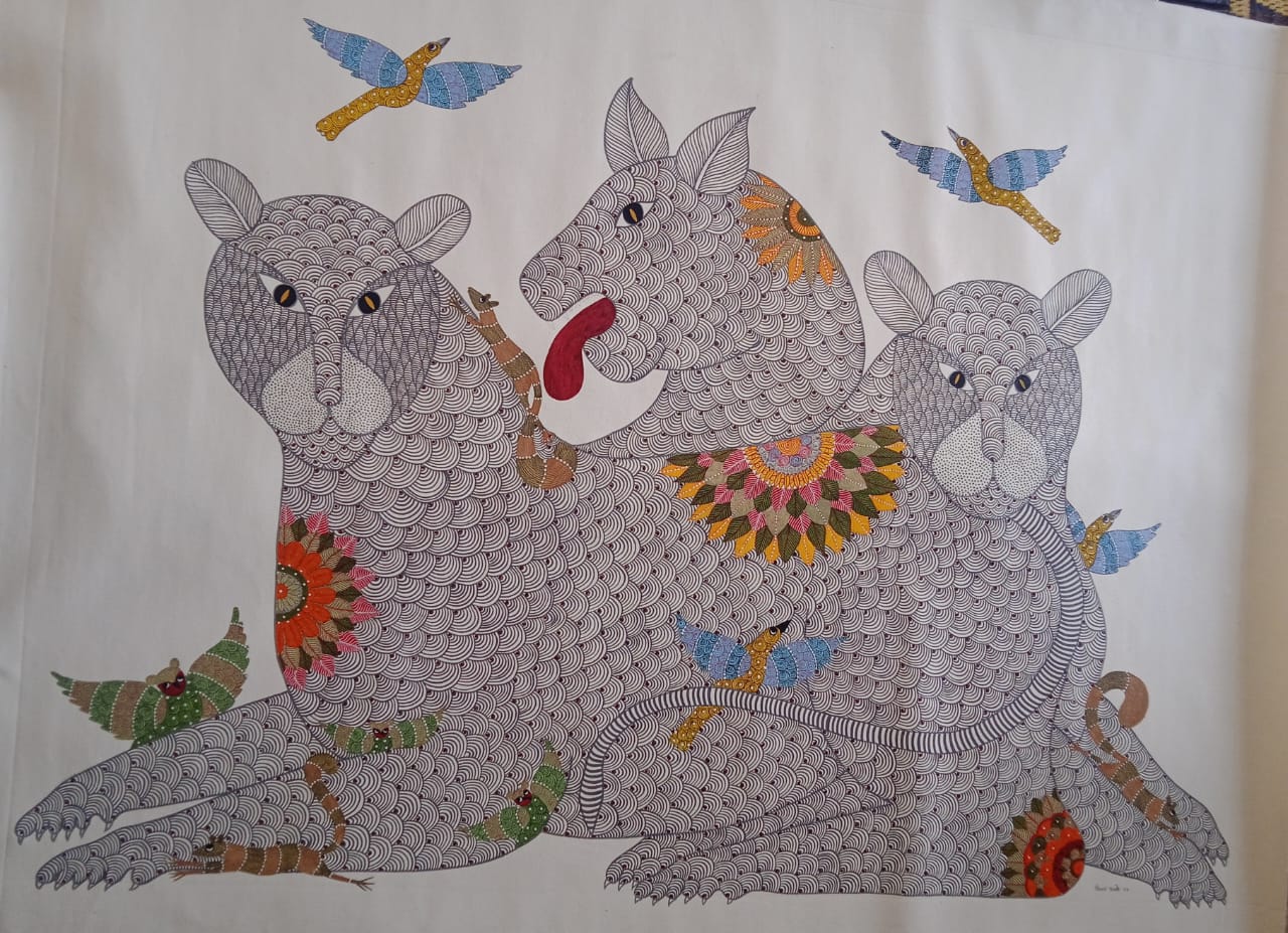 Handmade Gond Art Painting – Tribal Tiger & Nature Motif Wall Art