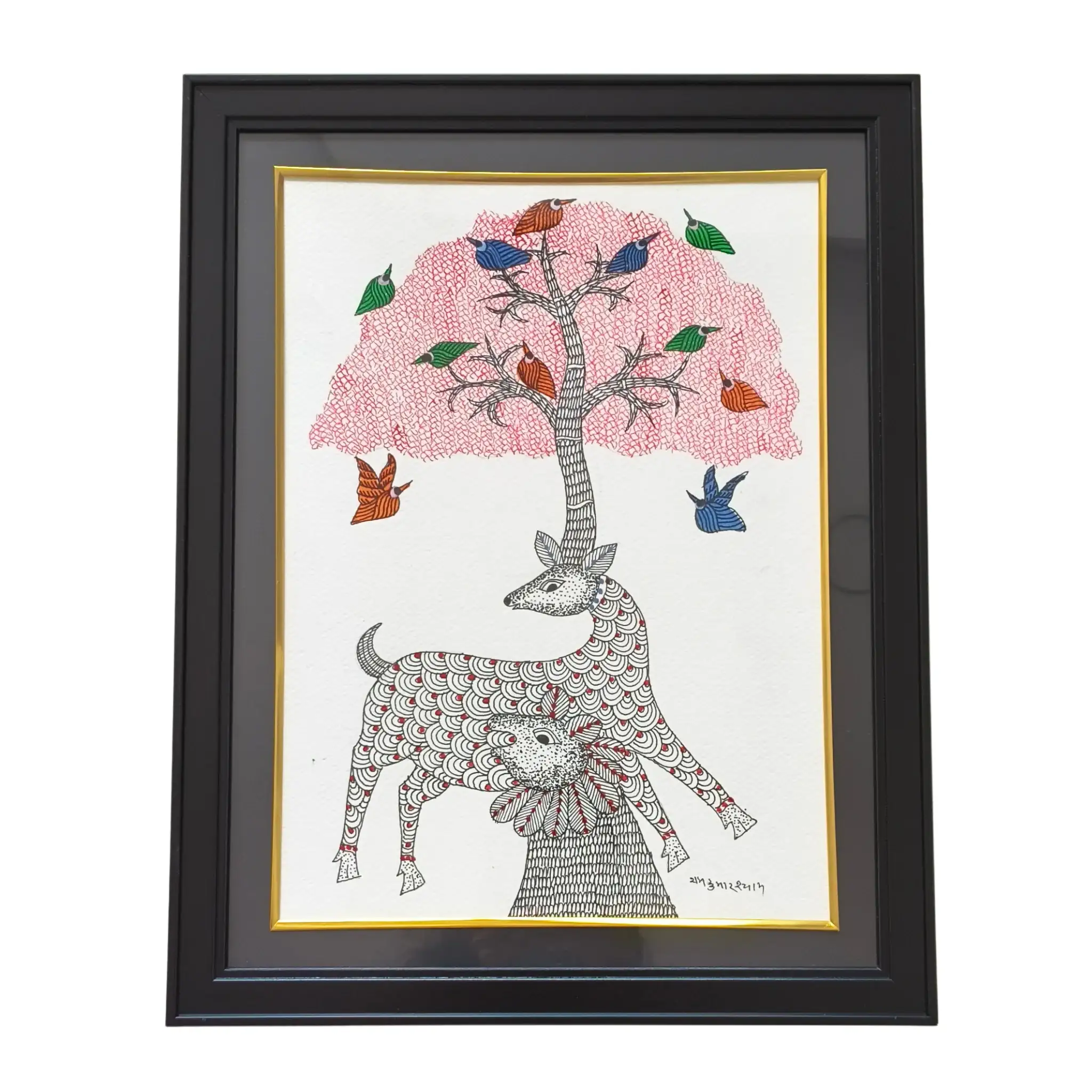 Harmony of Nature of Deer and Tree of Life Gond Painting - Image 2