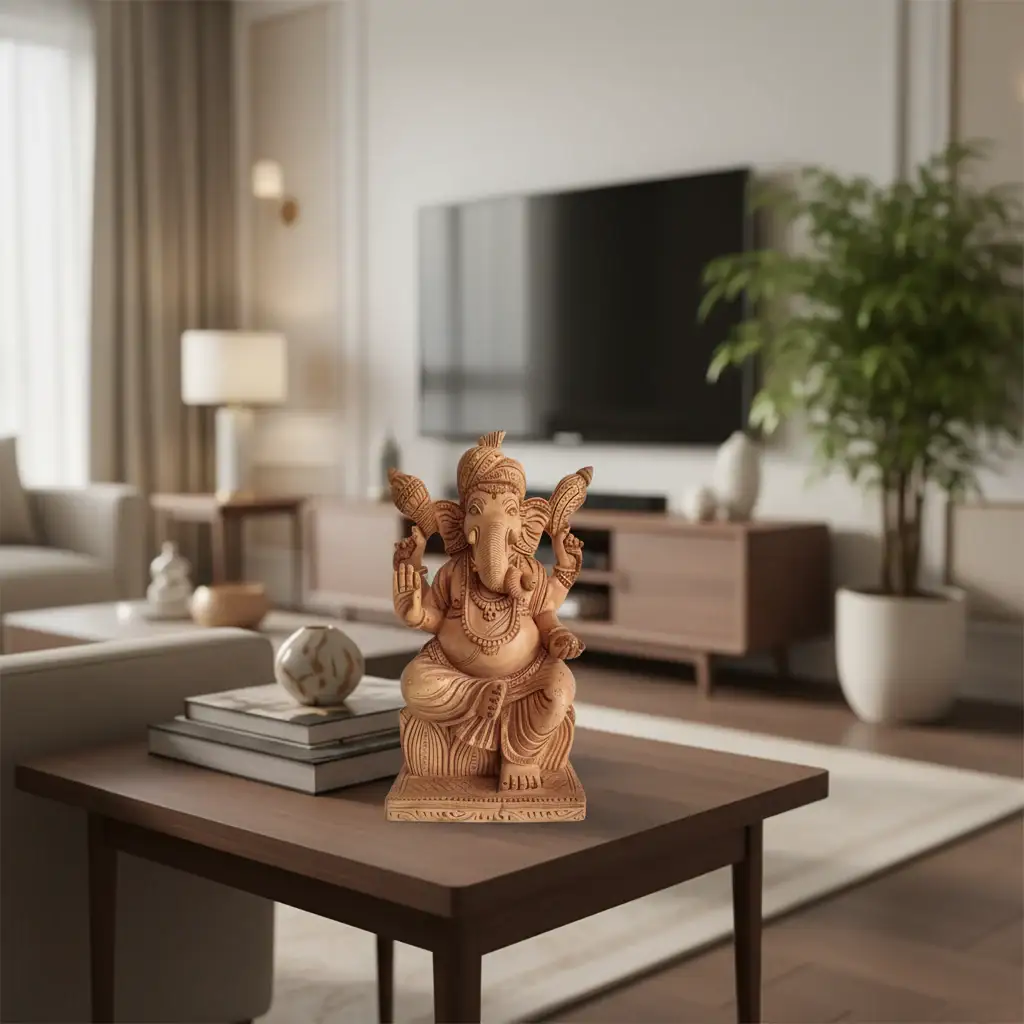 Hand-Carved Wooden Lord Ganesha Statue for Prosperity & Wisdom - Image 2