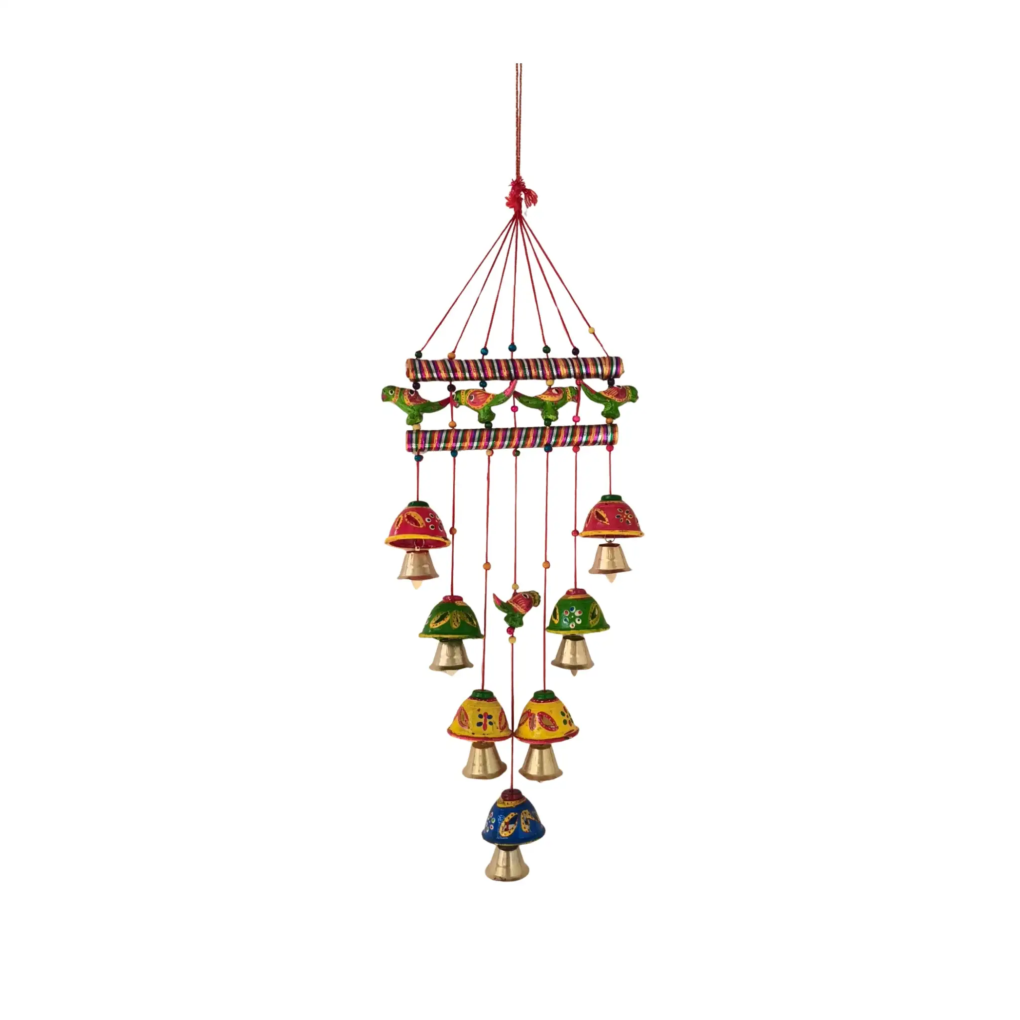 Hand-Painted Indian Parrot & Bell Wind Chime Wall Hanging - Image 2