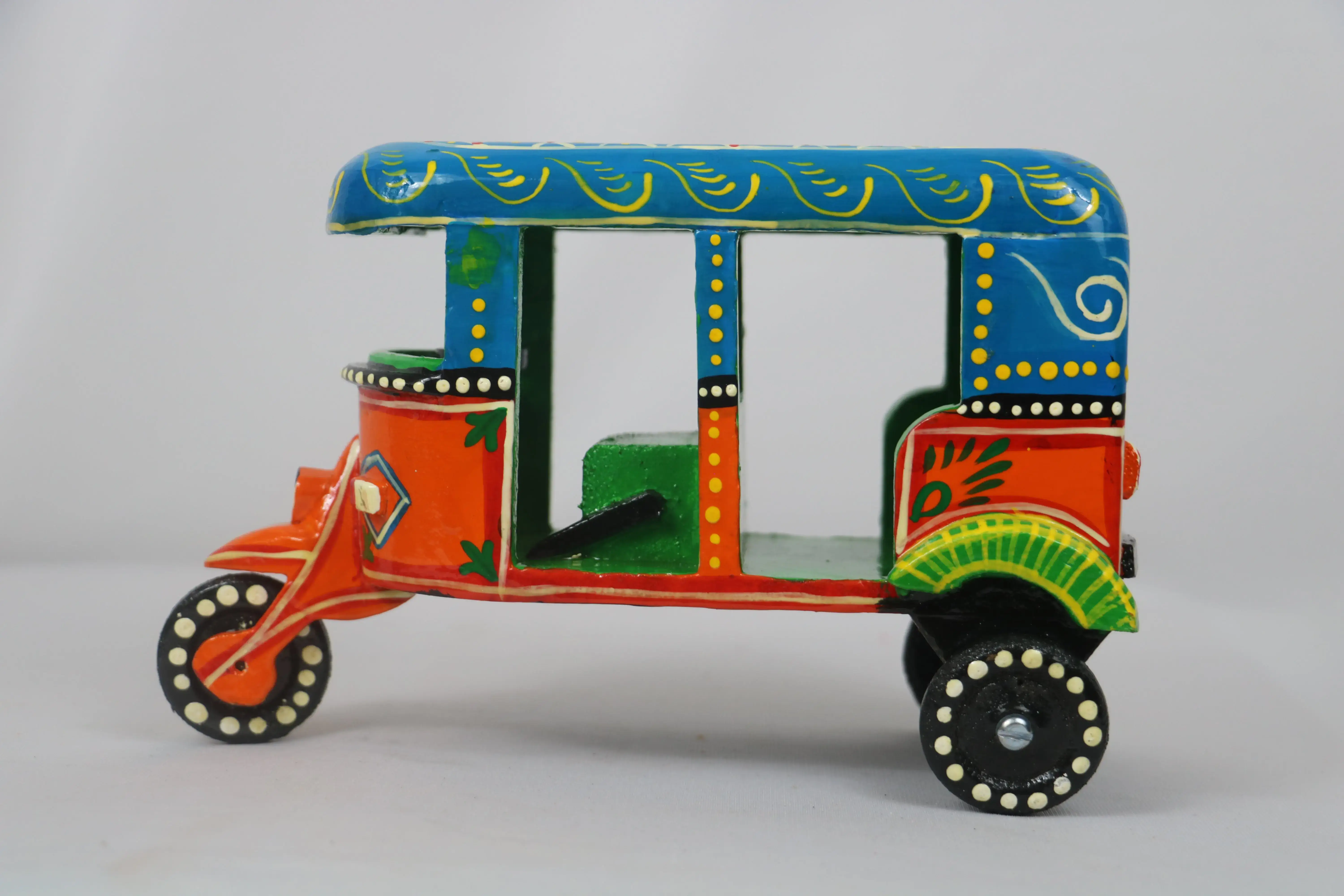 Wooden Auto Rickshaw Decor Model – Hand-Painted Ethnic Craft from India - Image 3