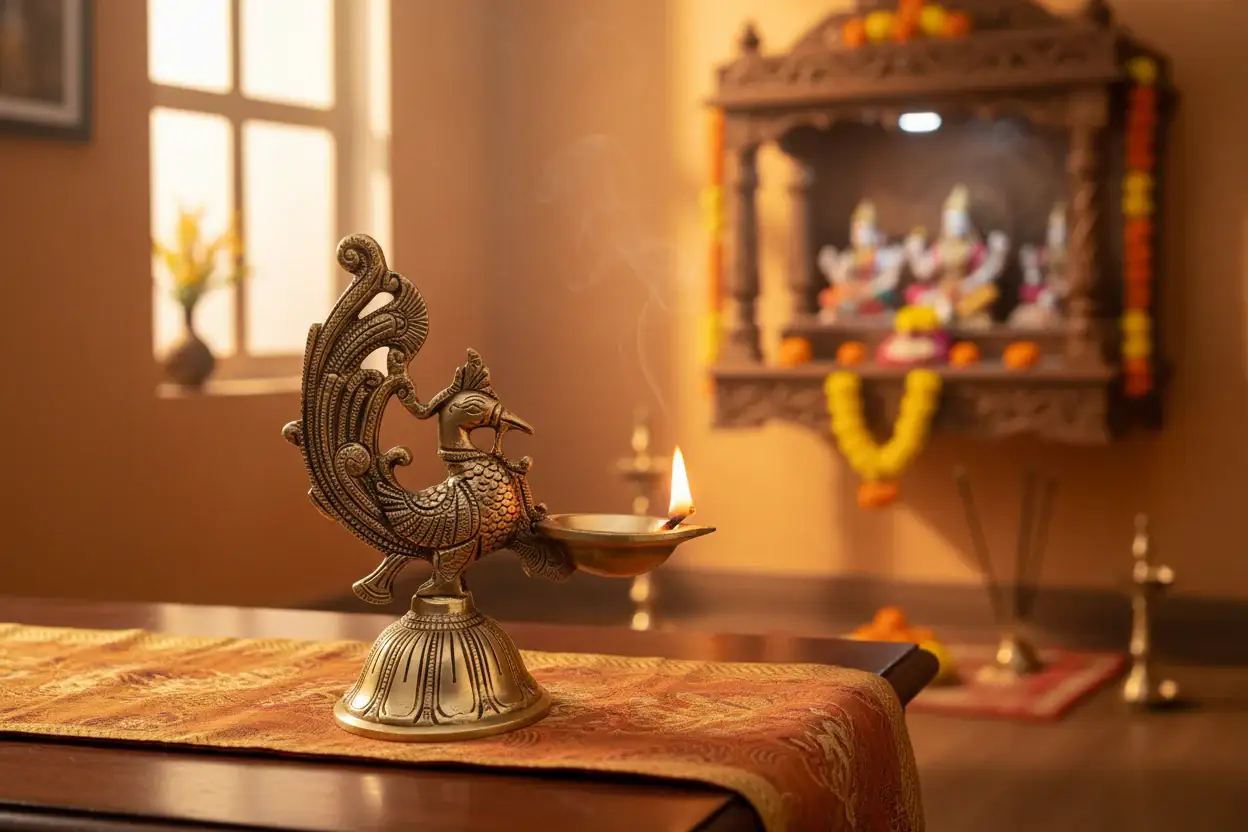 Handcrafted Brass Peacock Oil Lamp (Diya) – Pooja & Home Decor Deepam - Image 2